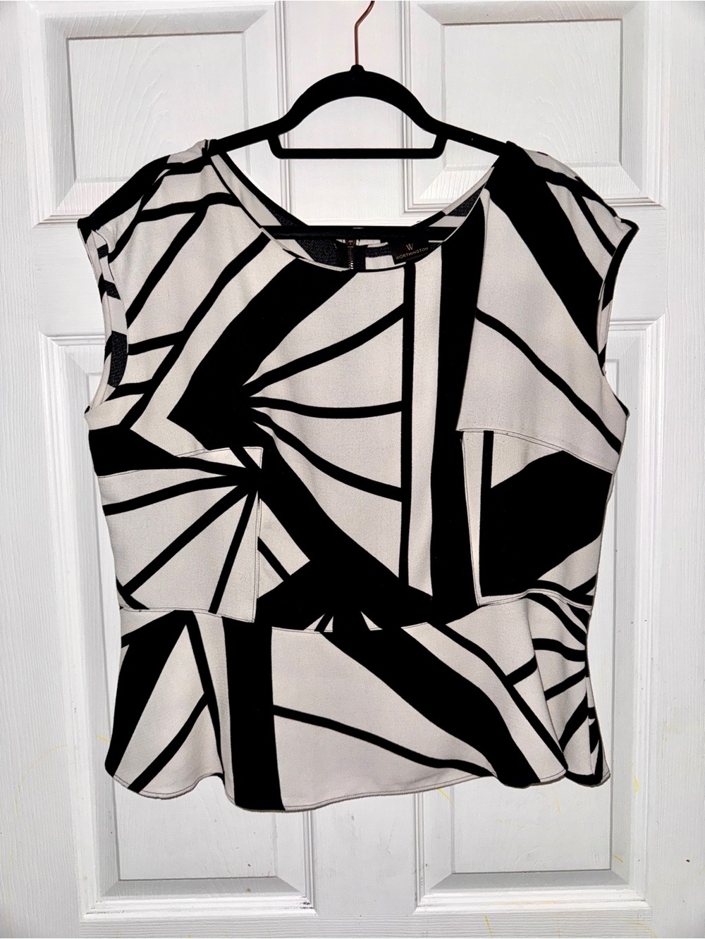 Worthington Black & White Abstract Cap-Sleeve Peplum Top Zipper back XL